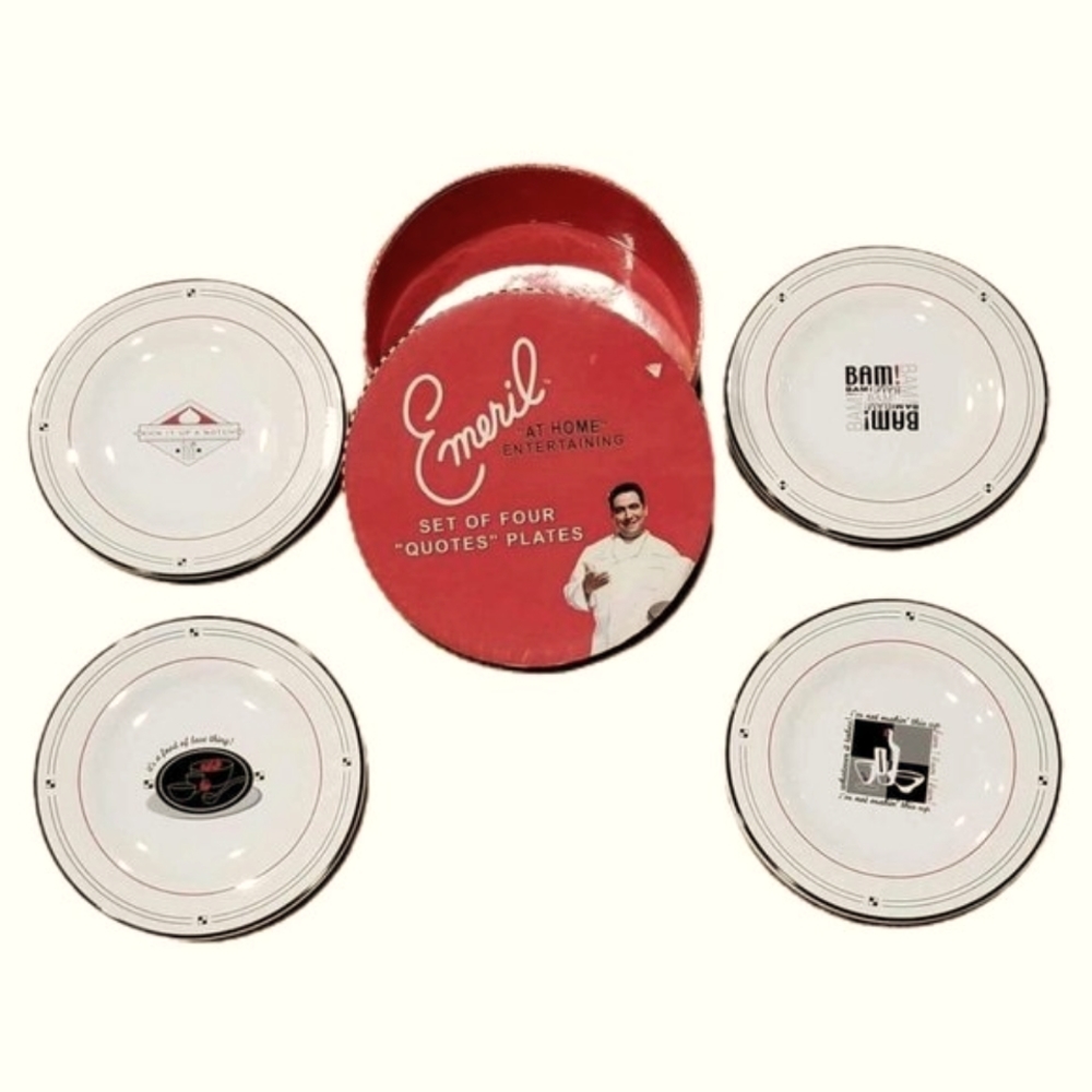 Emeril "At Home Entertaining" Set of 4-8" Plates Emeril's Quotes In Storage Box